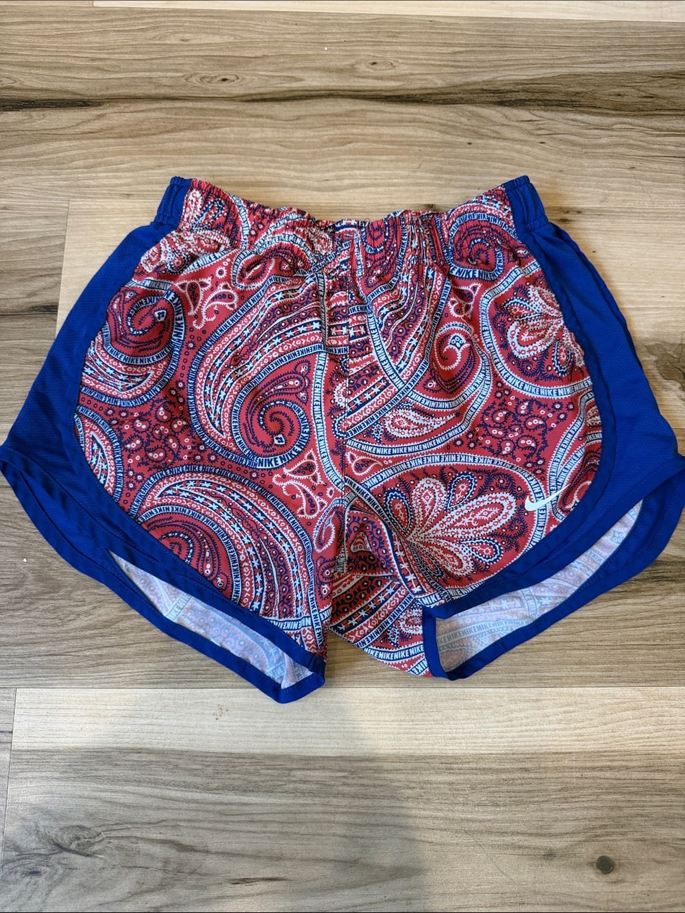 Nike Women’s Red Paisley Athletic Shorts with Blue Trim